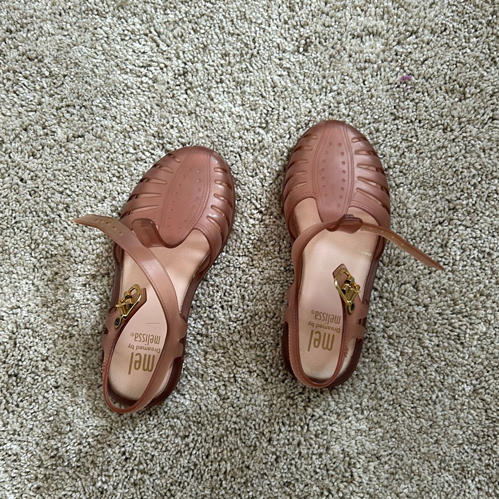 Mini Melissa Girls Brown Jelly Sandals with Gold Buckle